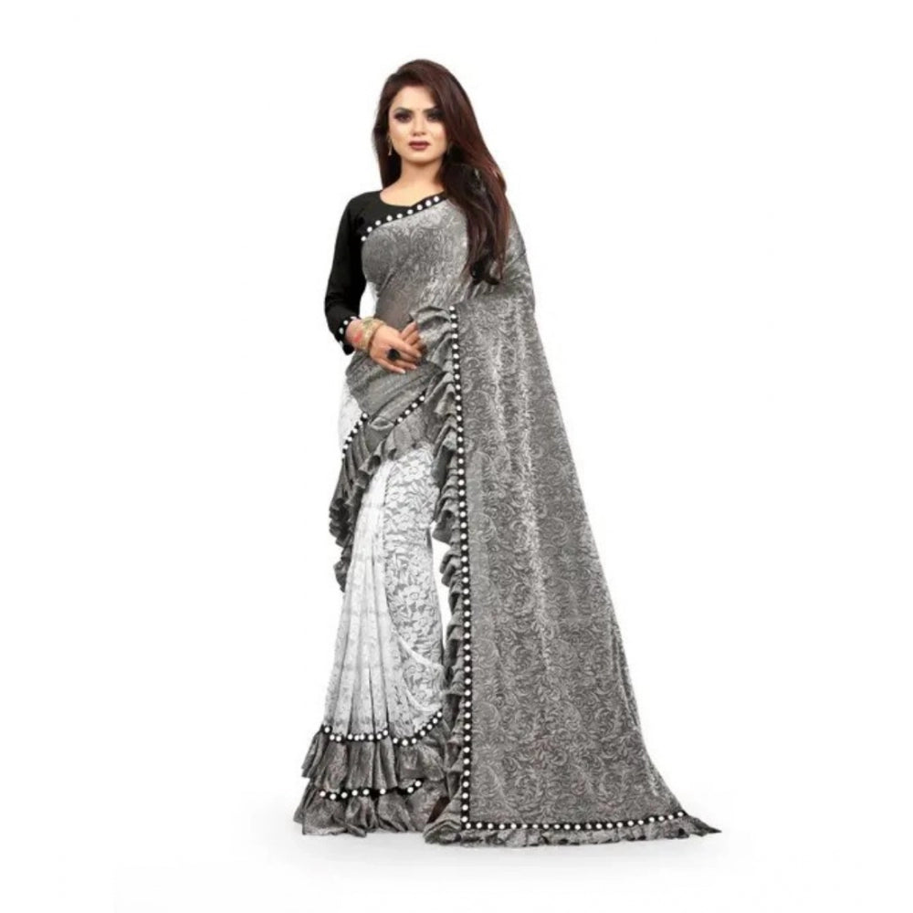 Clasymist Women's Silk With Mirror Lace Solid Saree With Unstitched Blouse (Grey, 5-5 Mtrs)