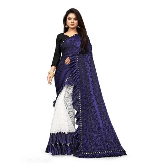 Clasymist Women's Silk With Mirror Lace Solid Saree With Unstitched Blouse (Blue, 5-5 Mtrs)