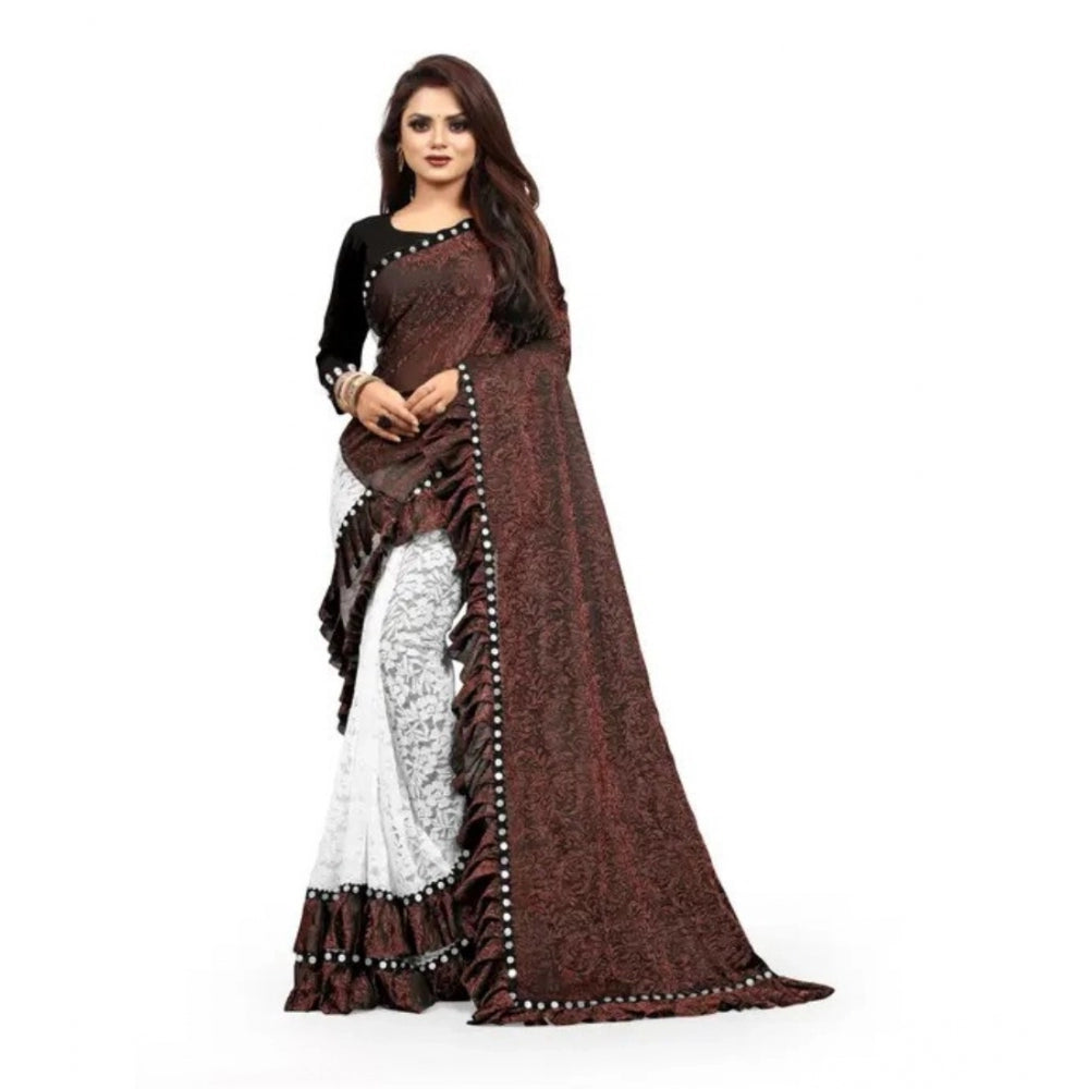 Clasymist Women's Silk With Mirror Lace Solid Saree With Unstitched Blouse (Brown, 5-5 Mtrs)