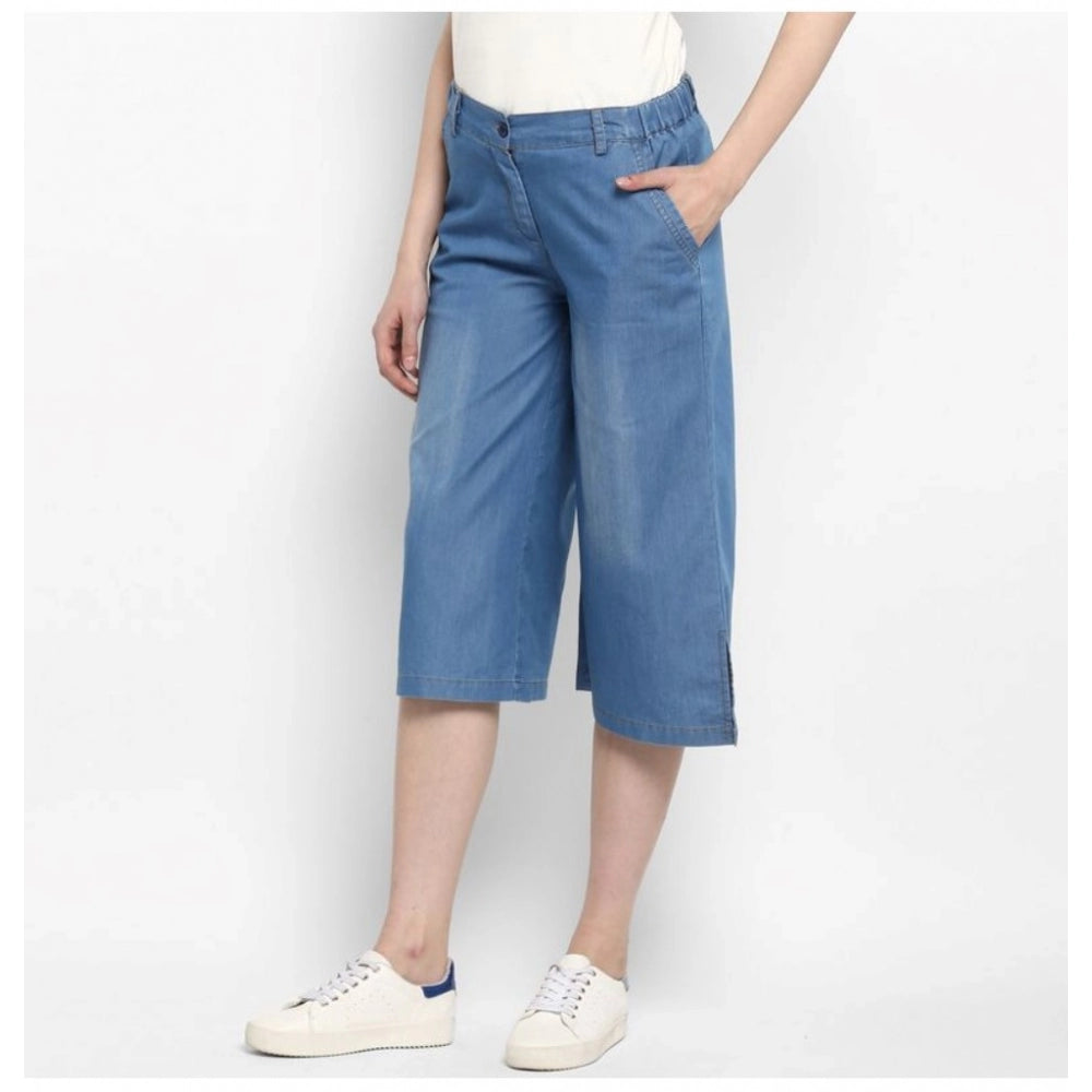 Clasymist Women's Denim Solid Buttoned Below Knee Culottes (Light Blue)