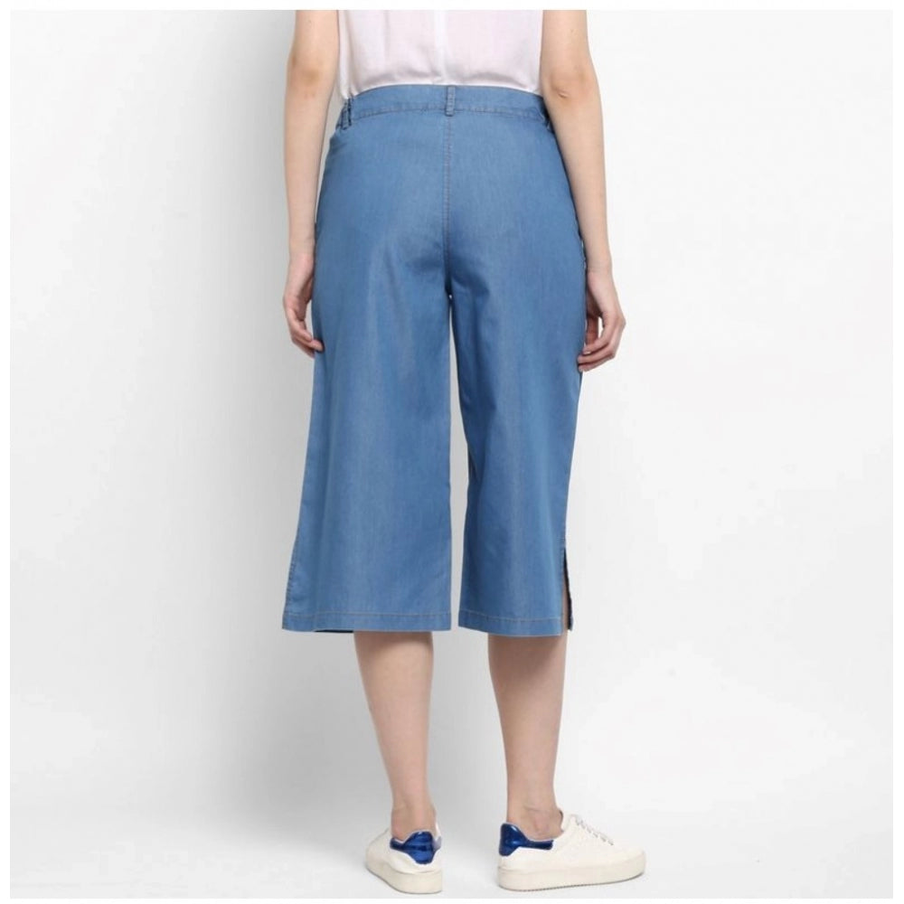 Clasymist Women's Denim Solid Buttoned Below Knee Culottes (Light Blue)