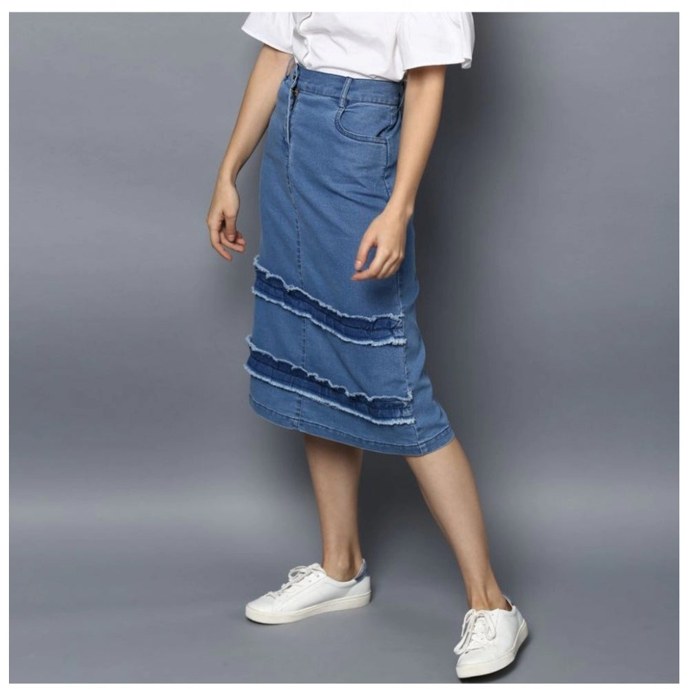 Clasymist Women's Denim Washed Buttoned Skirt (Blue)