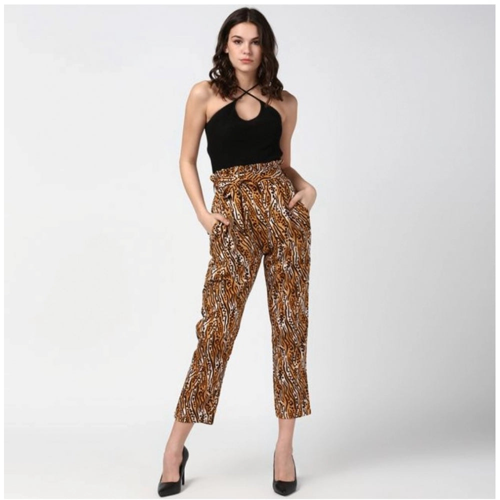 Clasymist Women's Polyester Animal Print Elasticated Trousers (Orange - Black)