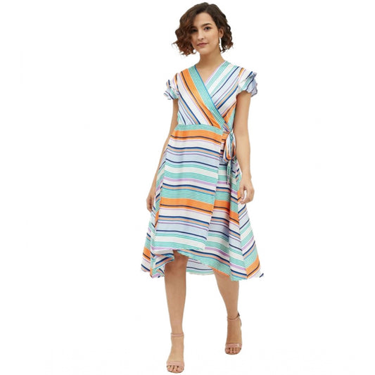 Clasymist Women's Satin Striped Short Sleeve Knee-Length Dress (Multicolor)