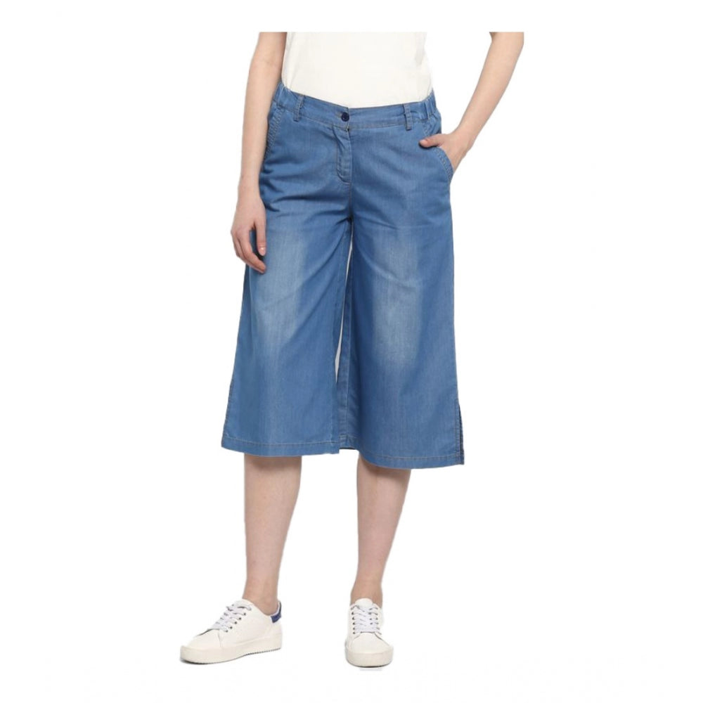 Clasymist Women's Denim Solid Buttoned Below Knee Culottes (Light Blue)