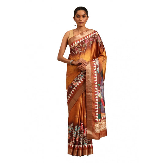 Clasymist Women's Cotton Printed Saree With Unstitched Blouse 5.5Mtr (Gold)