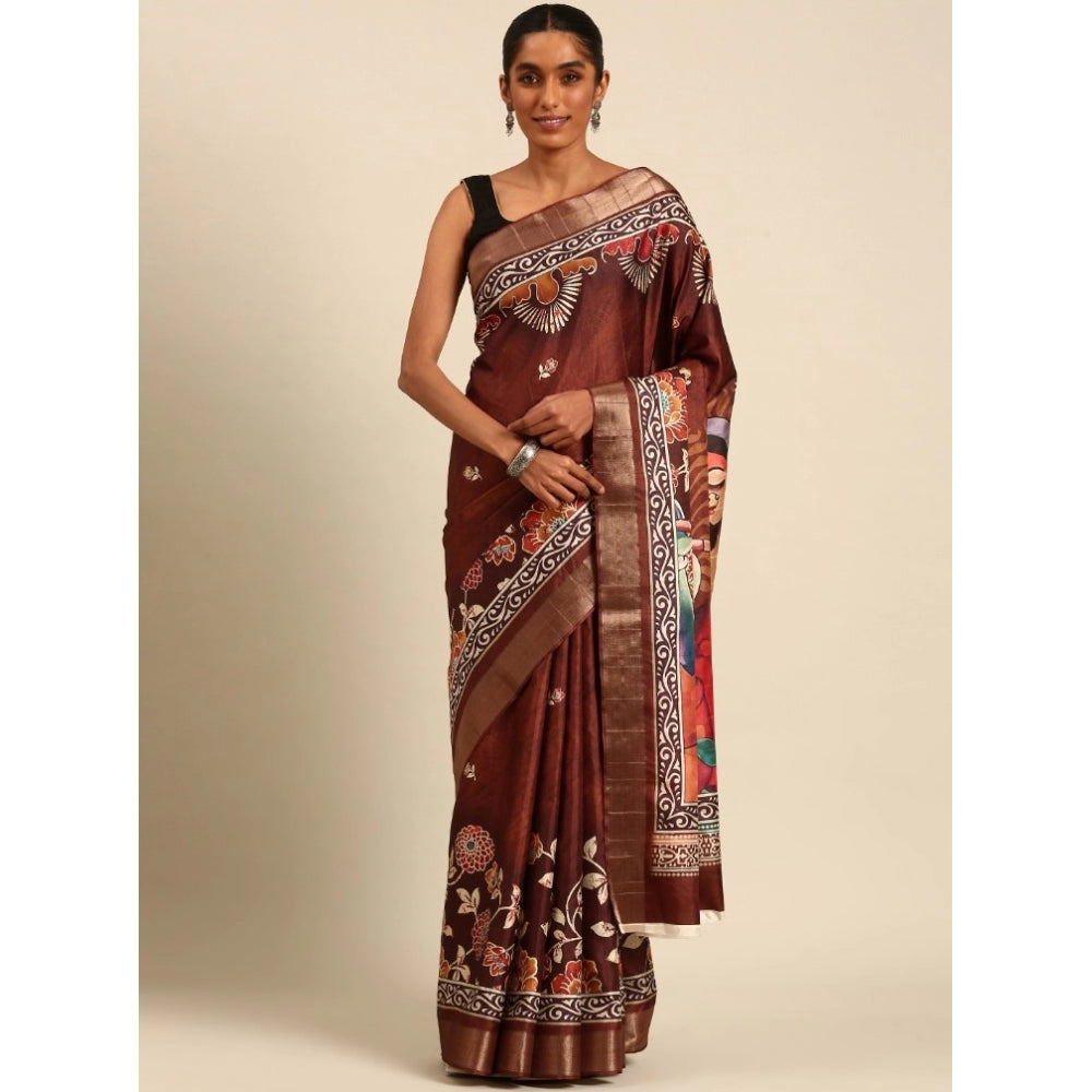 Clasymist Women's Cotton Printed Saree With Unstitched Blouse 5.5Mtr (Brown)