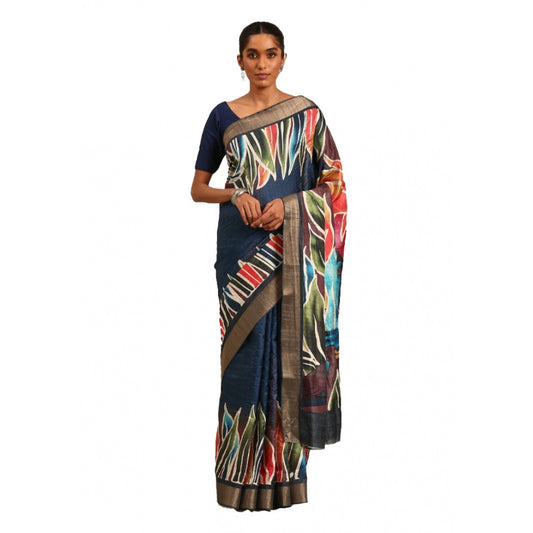 Clasymist Women's Cotton Printed Saree With Unstitched Blouse 5.5Mtr (Navy-Blue)