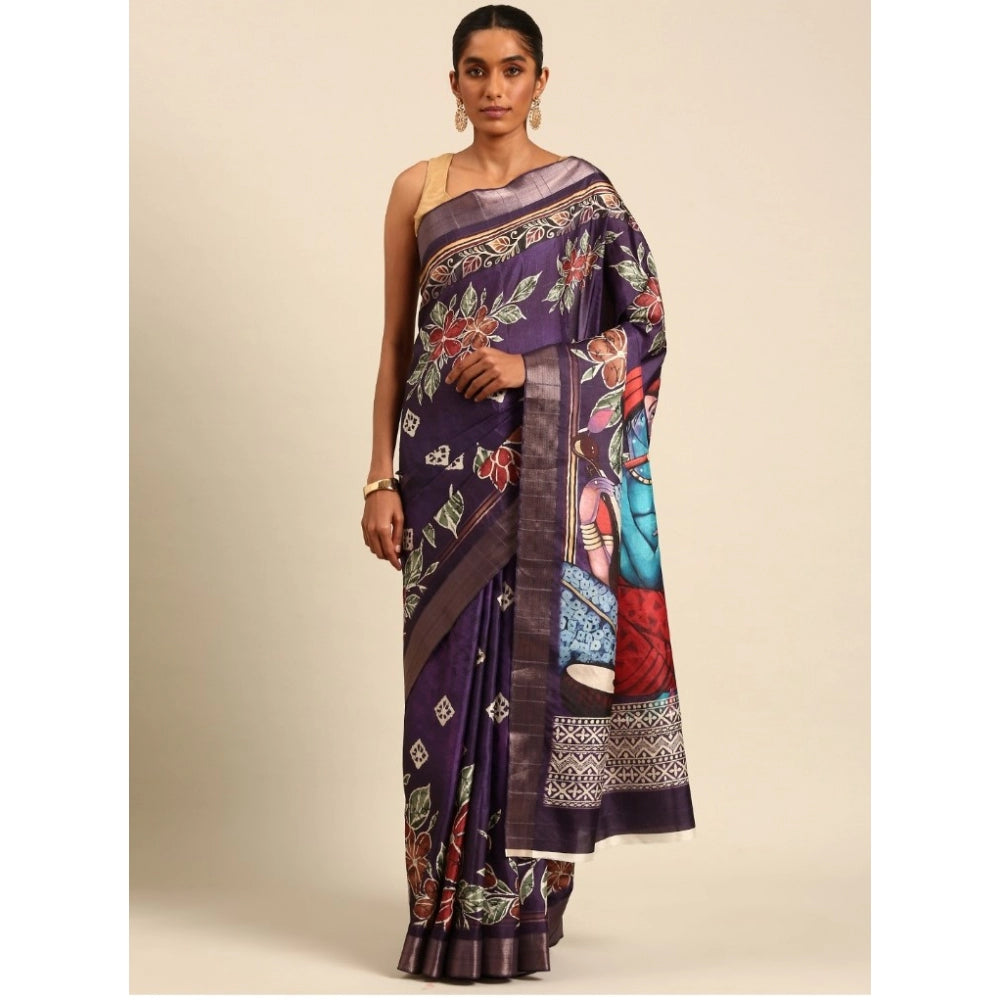 Clasymist Women's Cotton Printed Saree With Unstitched Blouse 5.5Mtr (Purple-Pink)