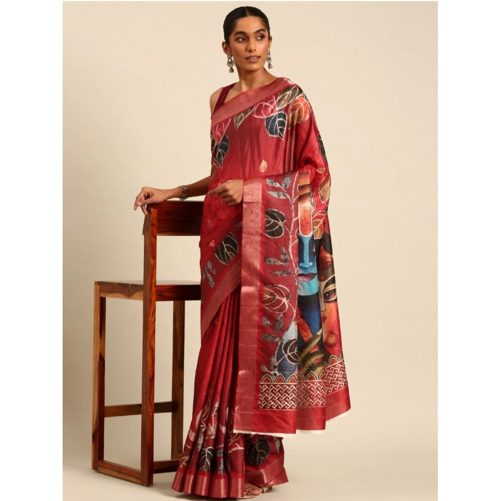 Clasymist Women's Cotton Printed Saree With Unstitched Blouse 5.5Mtr (Red)