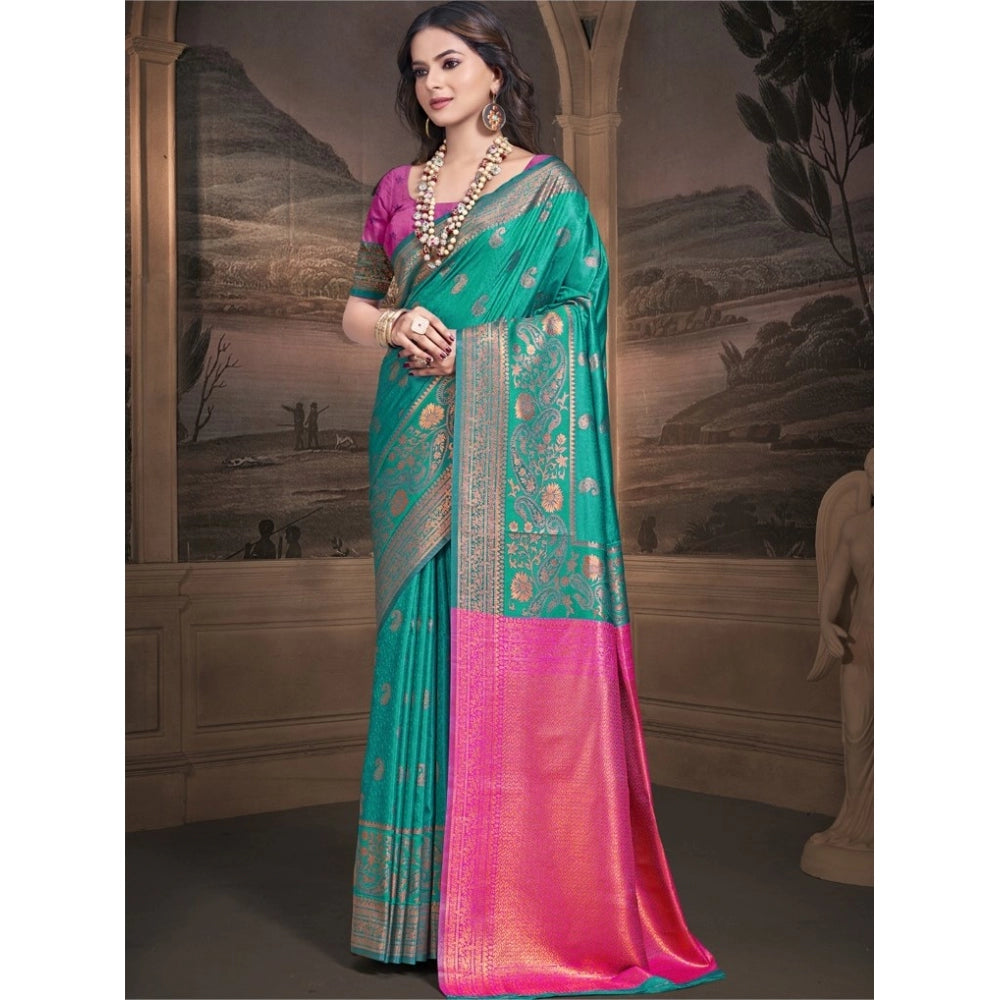 Clasymist Women's Silk Woven Design Saree With Unstitched Blouse 5.5Mtr (Teal-Green)