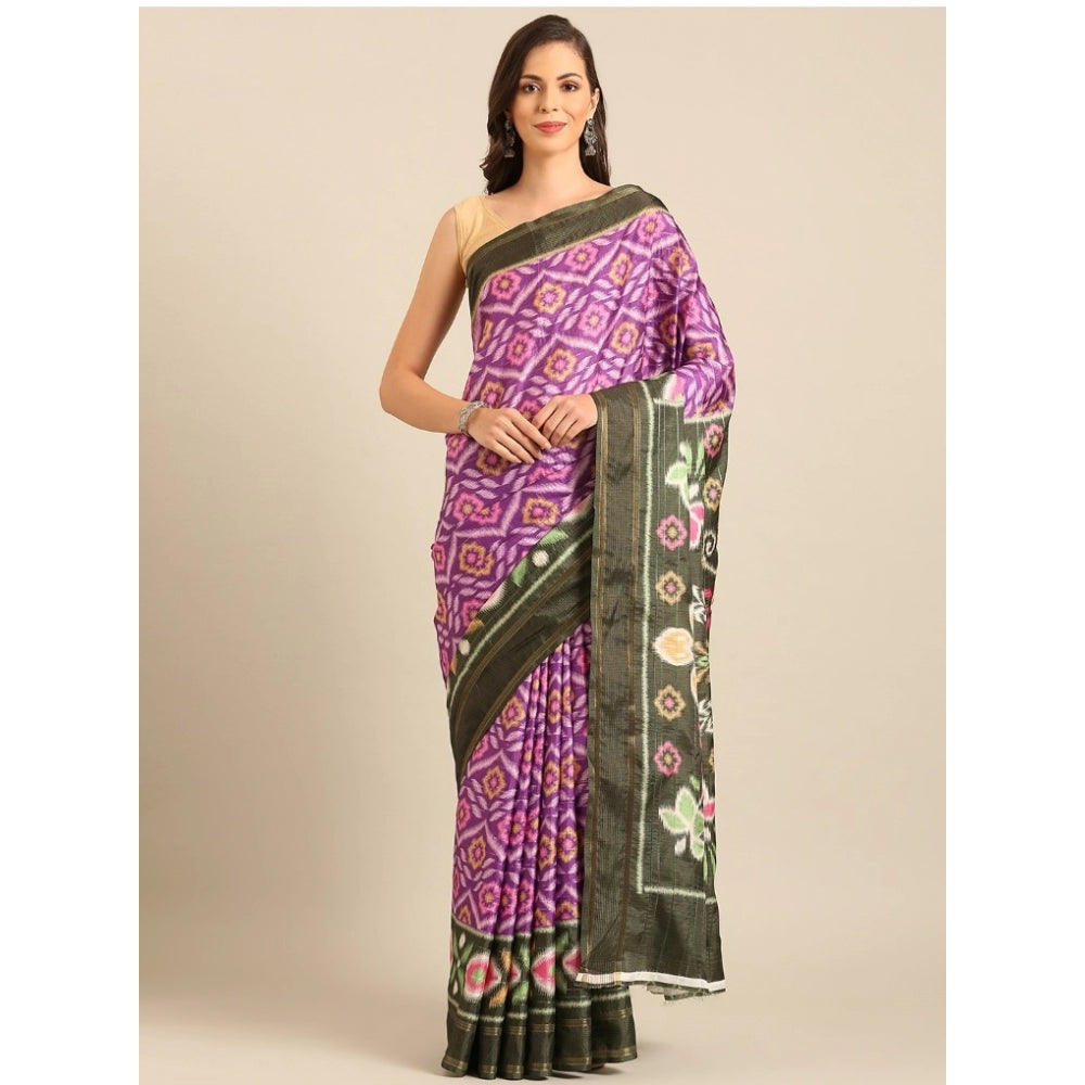 Clasymist Women's Cotton Printed Saree With Unstitched Blouse 5.5Mtr (Purple)