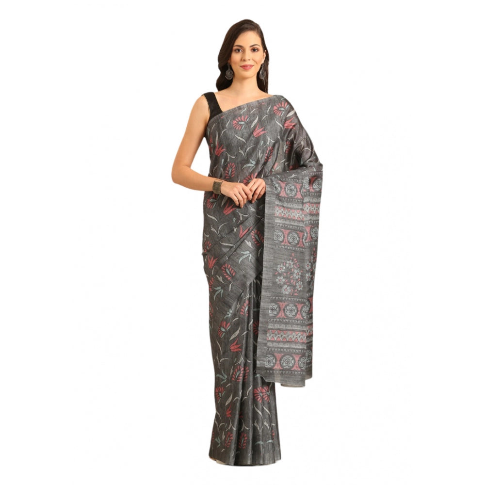 Clasymist Women's Cotton Printed Saree With Unstitched Blouse 5.5Mtr (Grey)