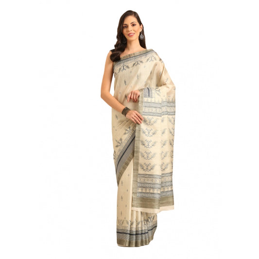 Clasymist Women's Cotton Printed Saree With Unstitched Blouse 5.5Mtr (Cream)