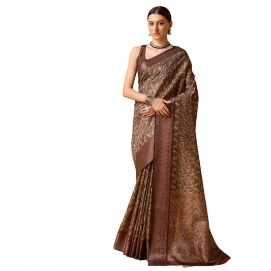 Clasymist Women's Cotton Printed Saree With Unstitched Blouse 5.5Mtr (Brown)