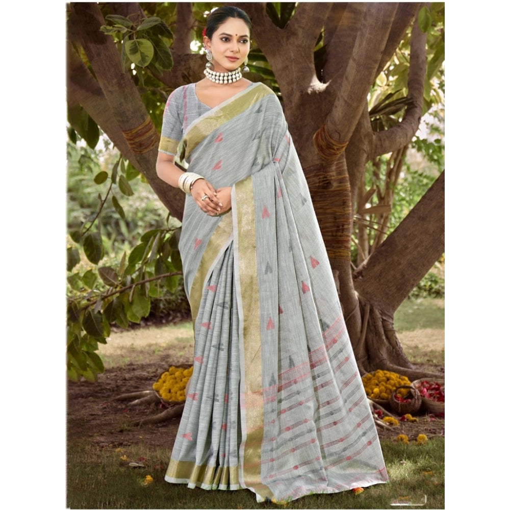 Clasymist Women's Cotton Printed Saree With Unstitched Blouse 5.5Mtr (Grey)