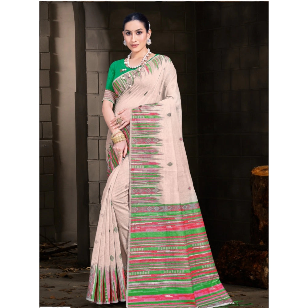 Clasymist Women's Cotton Printed Saree With Unstitched Blouse 5.5Mtr (Cream-Lightgreen)