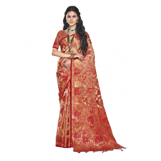 Clasymist Women's Organza Woven Design Saree With Unstitched Blouse 5.5Mtr (Red)