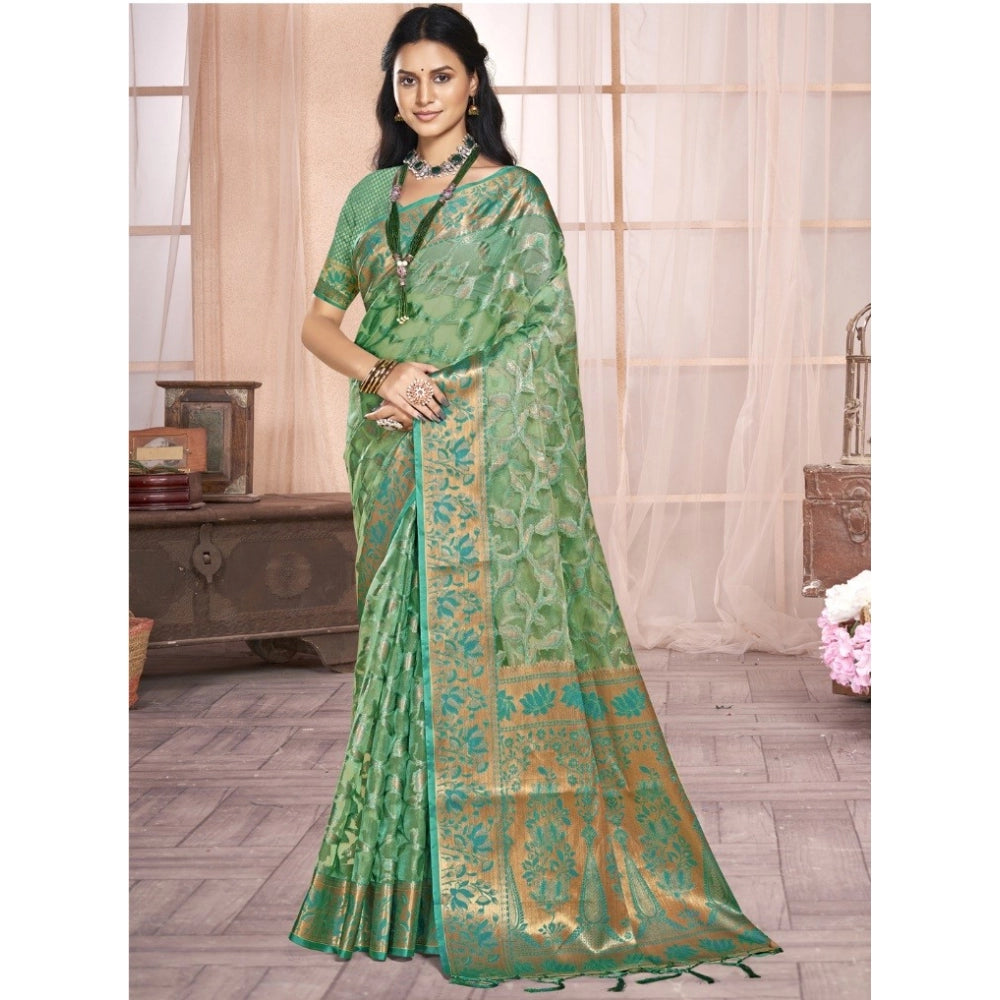 Clasymist Women's Organza Woven Design Saree With Unstitched Blouse 5.5Mtr (Green)