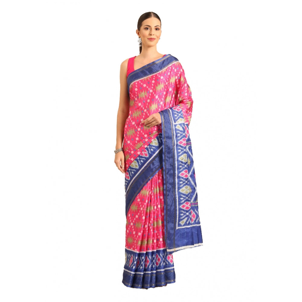 Clasymist Women's Cotton Printed Saree With Unstitched Blouse 5.5Mtr (Pink-Blue)