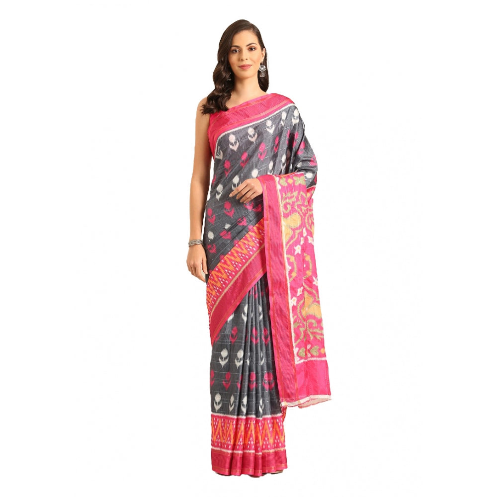 Clasymist Women's Cotton Printed Saree With Unstitched Blouse 5.5Mtr (Grey-Pink)