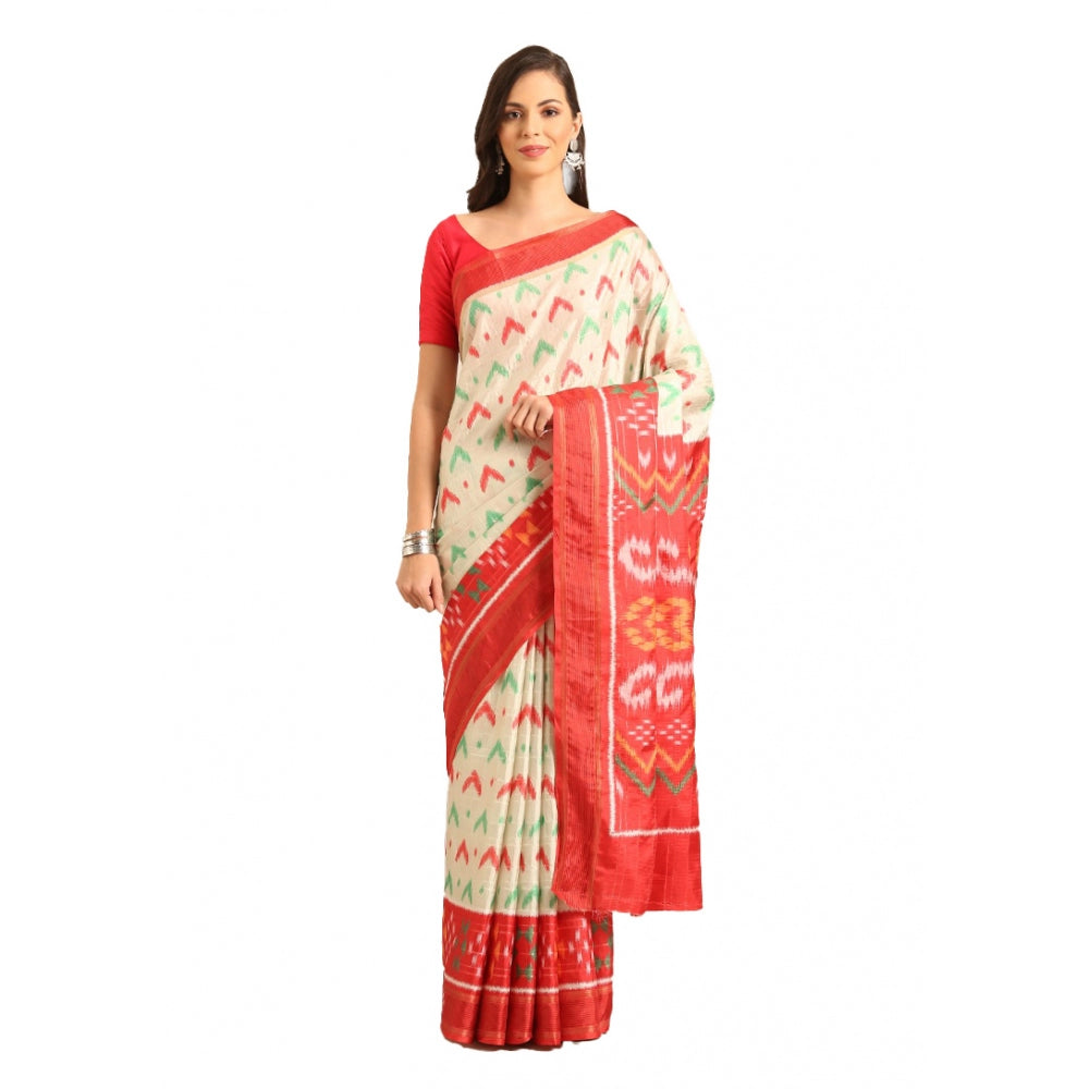 Clasymist Women's Cotton Printed Saree With Unstitched Blouse 5.5Mtr (Off-white)