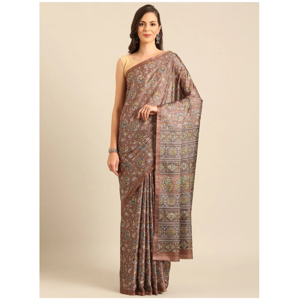 Clasymist Women's Cotton Printed Saree With Unstitched Blouse 5.5Mtr (Brown-Yellow)