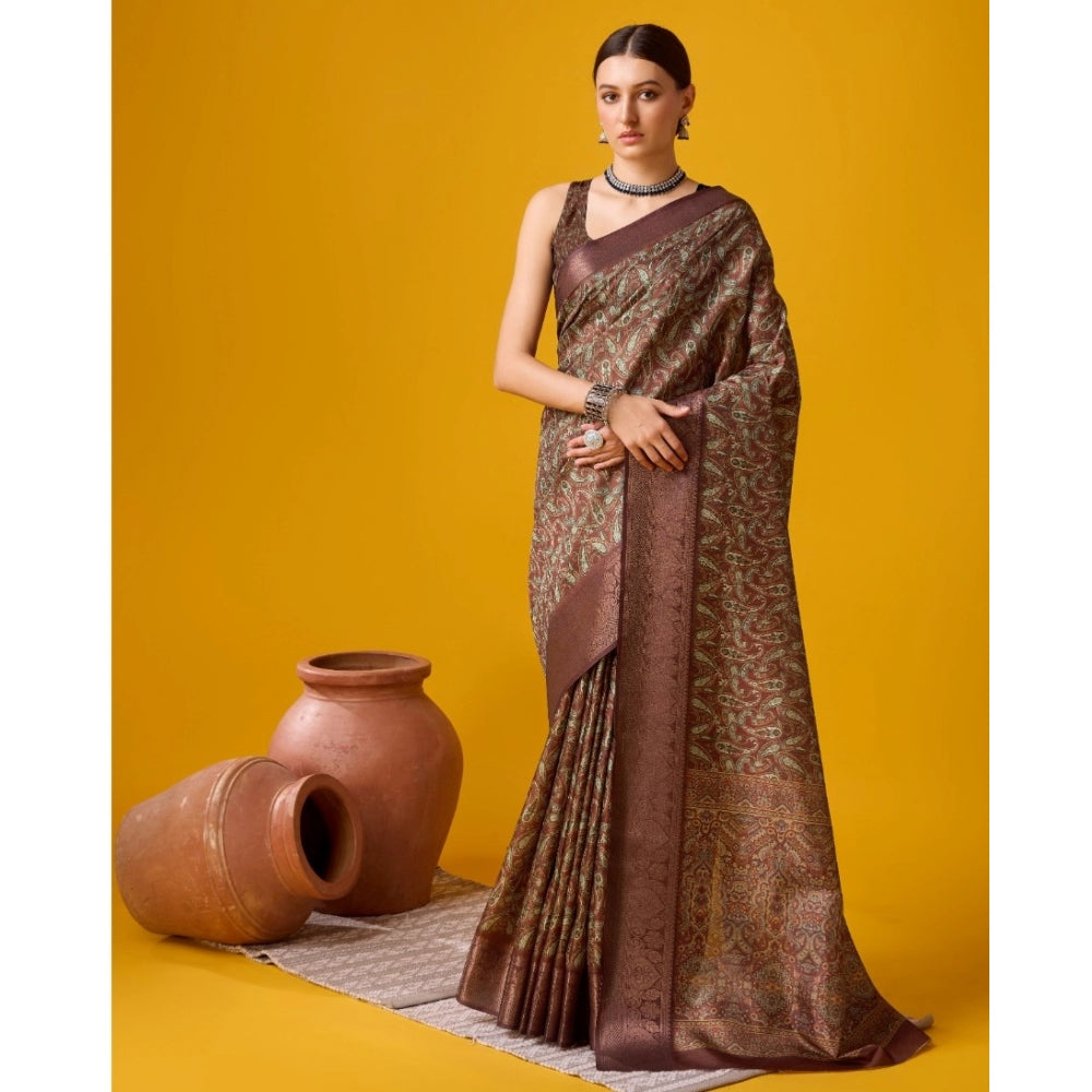 Clasymist Women's Cotton Printed Saree With Unstitched Blouse 5.5Mtr (Brown)