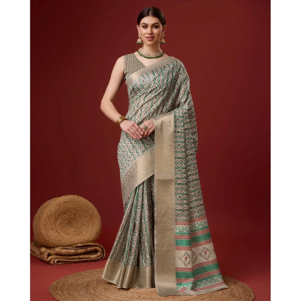 Clasymist Women's Cotton Printed Saree With Unstitched Blouse 5.5Mtr (Turquoise)