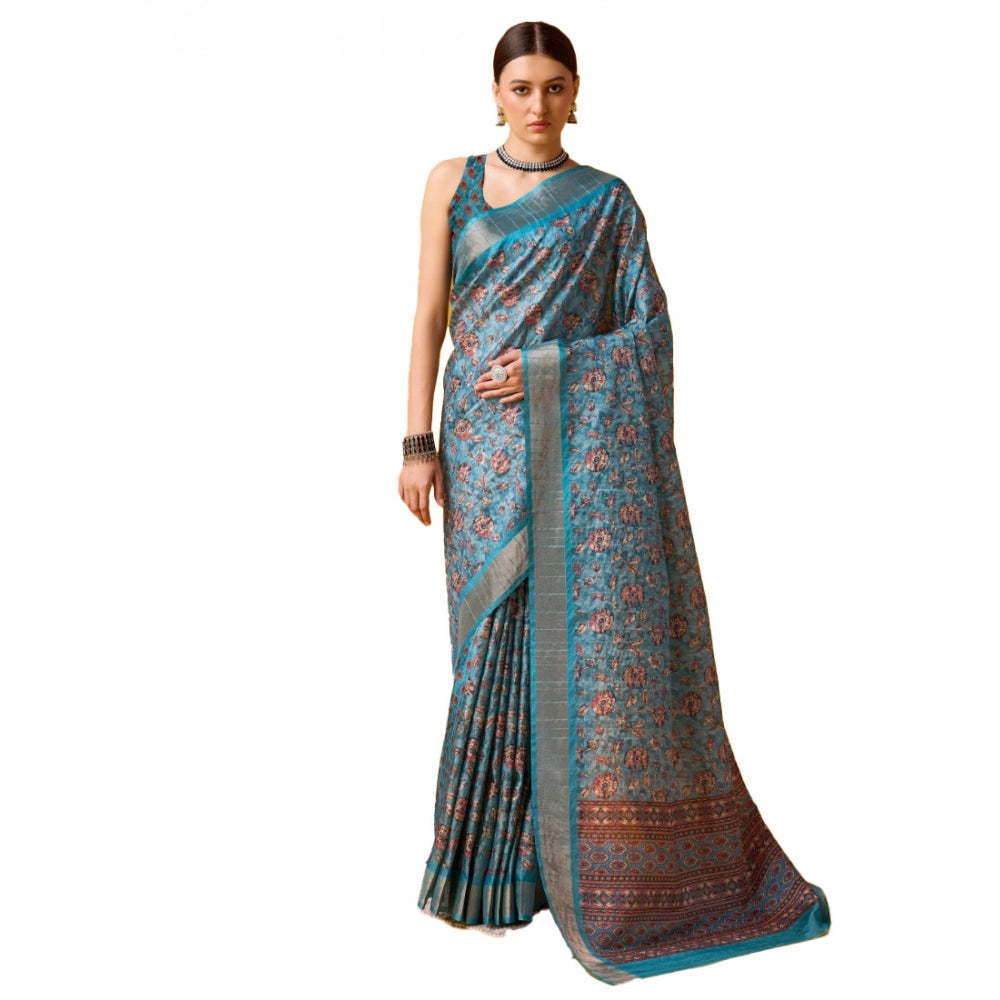 Clasymist Women's Cotton Printed Saree With Unstitched Blouse 5.5Mtr (Blue)