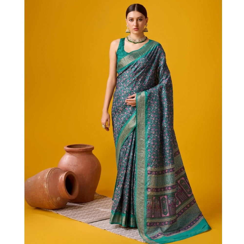 Clasymist Women's Cotton Printed Saree With Unstitched Blouse 5.5Mtr (Green)