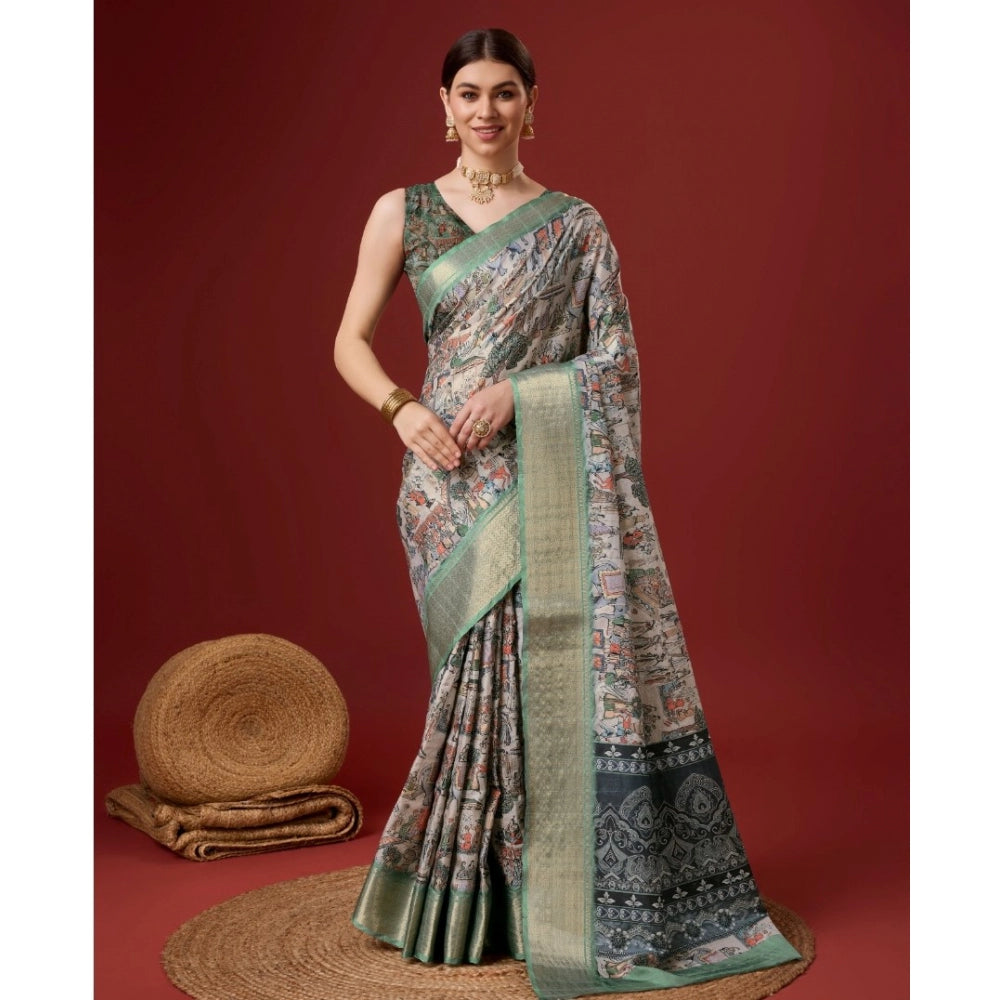 Clasymist Women's Cotton Printed Saree With Unstitched Blouse 5.5Mtr (Grey)