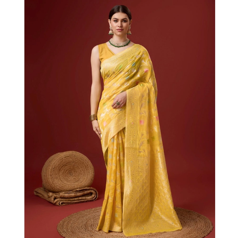 Clasymist Women's Cotton Woven Design Saree With Unstitched Blouse 5.5Mtr (Yellow)