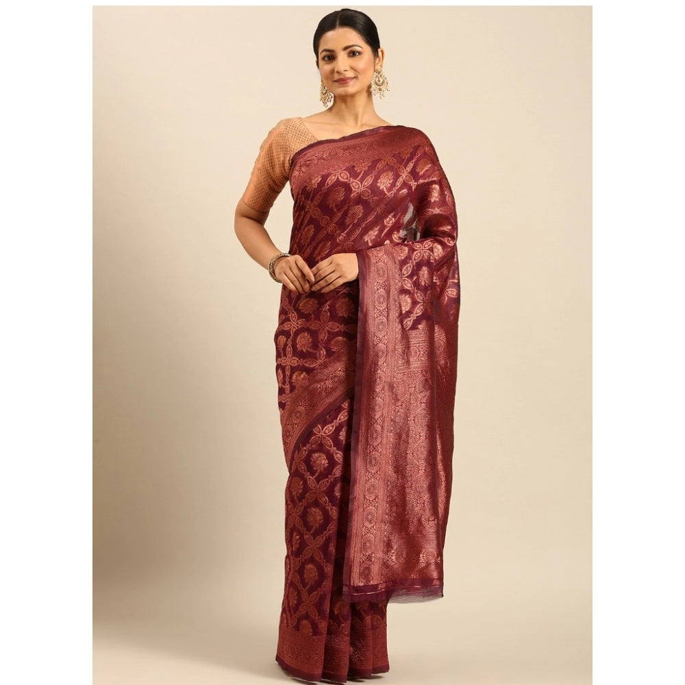 Clasymist Women's Cotton Woven Design Saree With Unstitched Blouse 5.5Mtr (Wine)