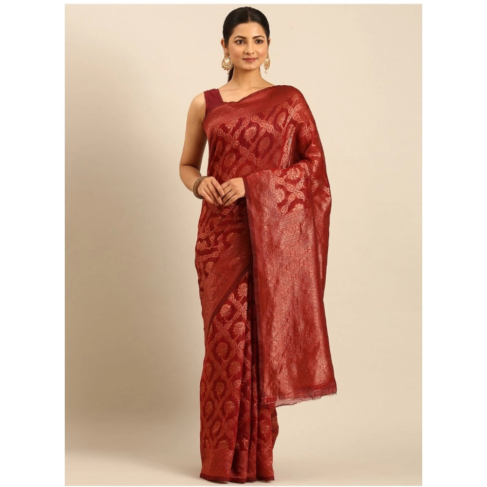 Clasymist Women's Cotton Woven Design Saree With Unstitched Blouse 5.5Mtr (Maroon)