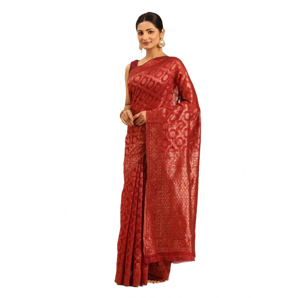 Clasymist Women's Cotton Woven Design Saree With Unstitched Blouse 5.5Mtr (Red)