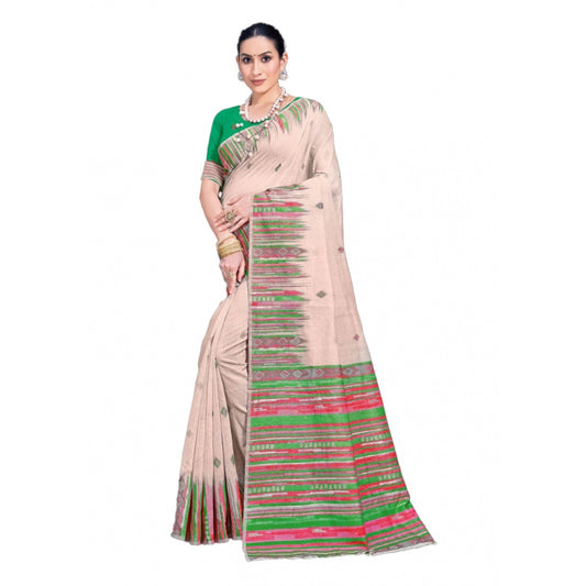 Clasymist Women's Cotton Printed Saree With Unstitched Blouse 5.5Mtr (Cream-Lightgreen)