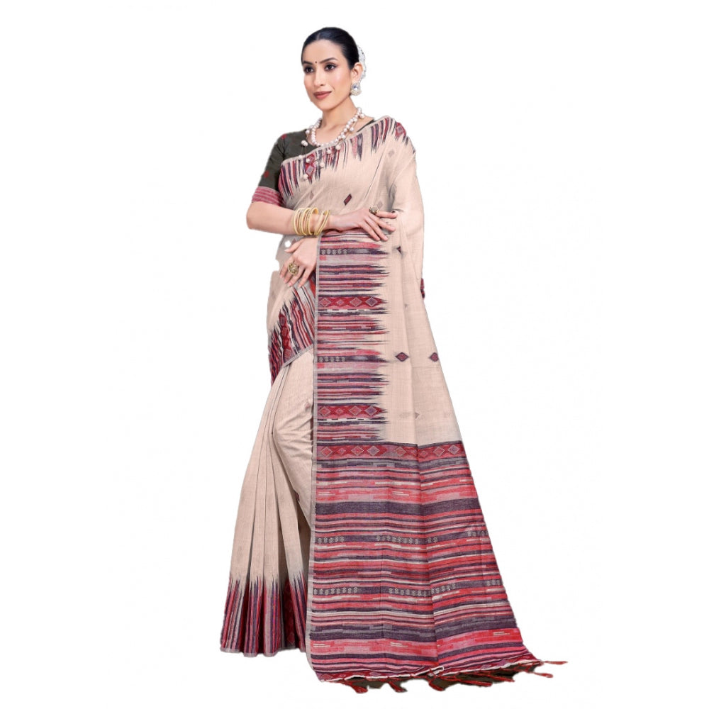 Clasymist Women's Cotton Printed Saree With Unstitched Blouse 5.5Mtr (Cream-Pink)