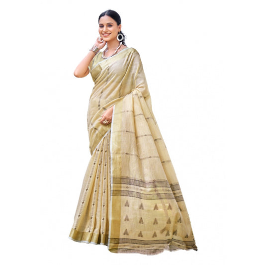 Clasymist Women's Cotton Printed Saree With Unstitched Blouse 5.5Mtr (Cream-Grey)