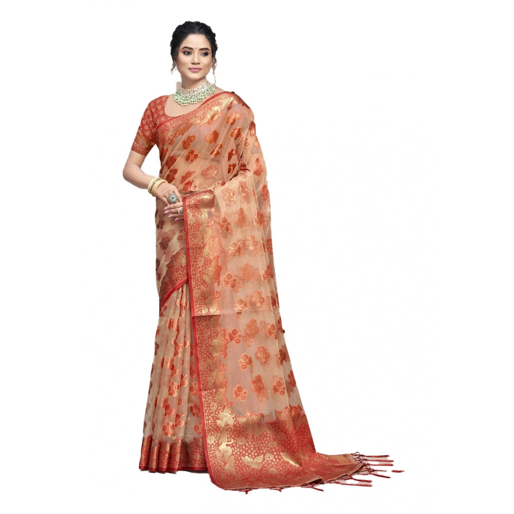 Clasymist Women's Organza Woven Design Saree With Unstitched Blouse 5.5Mtr (Orange)