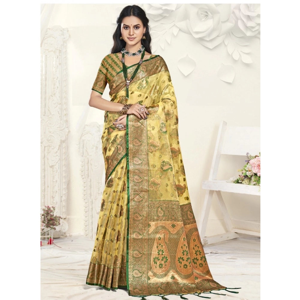 Clasymist Women's Organza Woven Design Saree With Unstitched Blouse 5.5Mtr (Yellow)