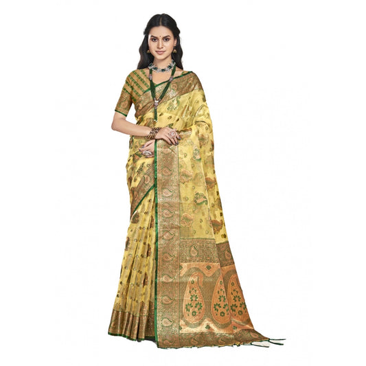 Clasymist Women's Organza Woven Design Saree With Unstitched Blouse 5.5Mtr (Yellow)