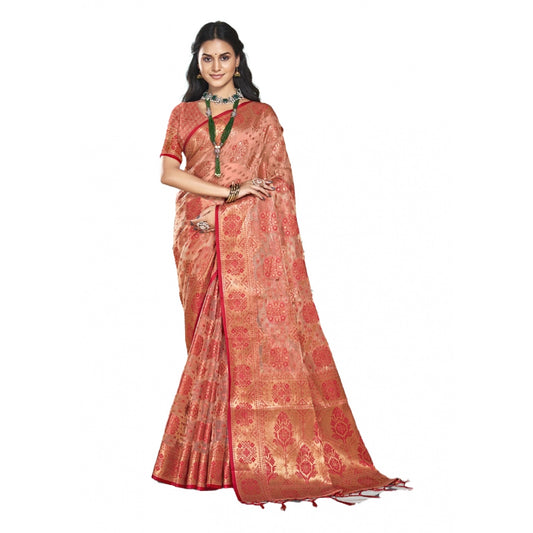 Clasymist Women's Organza Woven Design Saree With Unstitched Blouse 5.5Mtr (Peach)