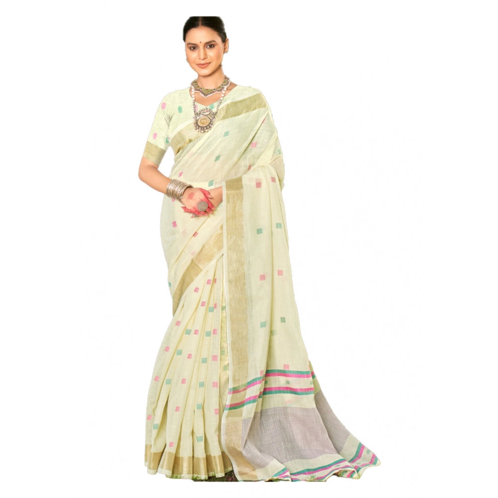 Clasymist Women's Cotton Printed Saree With Unstitched Blouse 5.5Mtr (Off white)