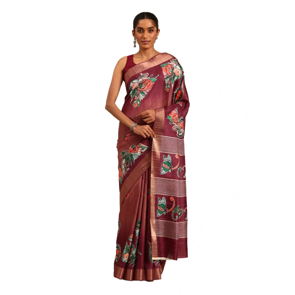 Clasymist Women's Cotton Printed Saree With Unstitched Blouse 5.5Mtr (Brown)