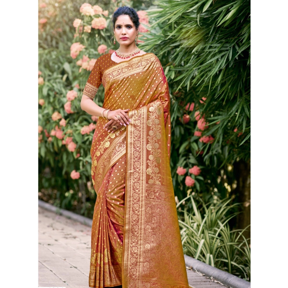 Clasymist Women's Silk Printed Saree With Unstitched Blouse 5.5Mtr (Brown)