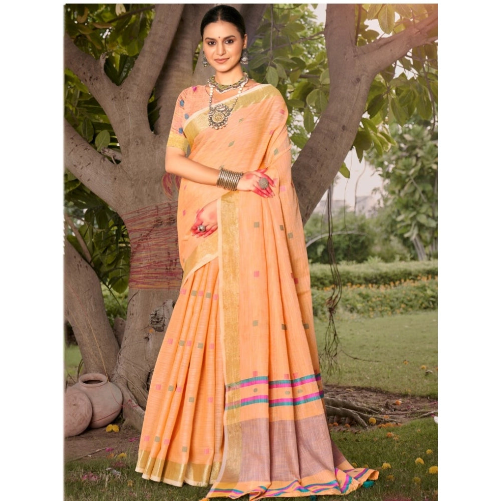 Clasymist Women's Cotton Printed Saree With Unstitched Blouse 5.5Mtr (Peach)