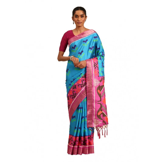 Clasymist Women's Cotton Printed Saree With Unstitched Blouse 5.5Mtr (Blue)