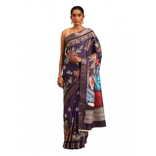 Clasymist Women's Cotton Printed Saree With Unstitched Blouse 5.5Mtr (Purple-Pink)