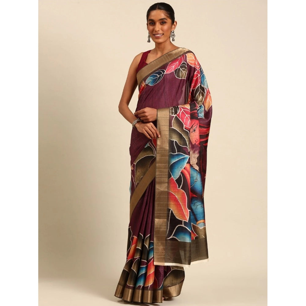 Clasymist Women's Cotton Printed Saree With Unstitched Blouse 5.5Mtr (Maroon)